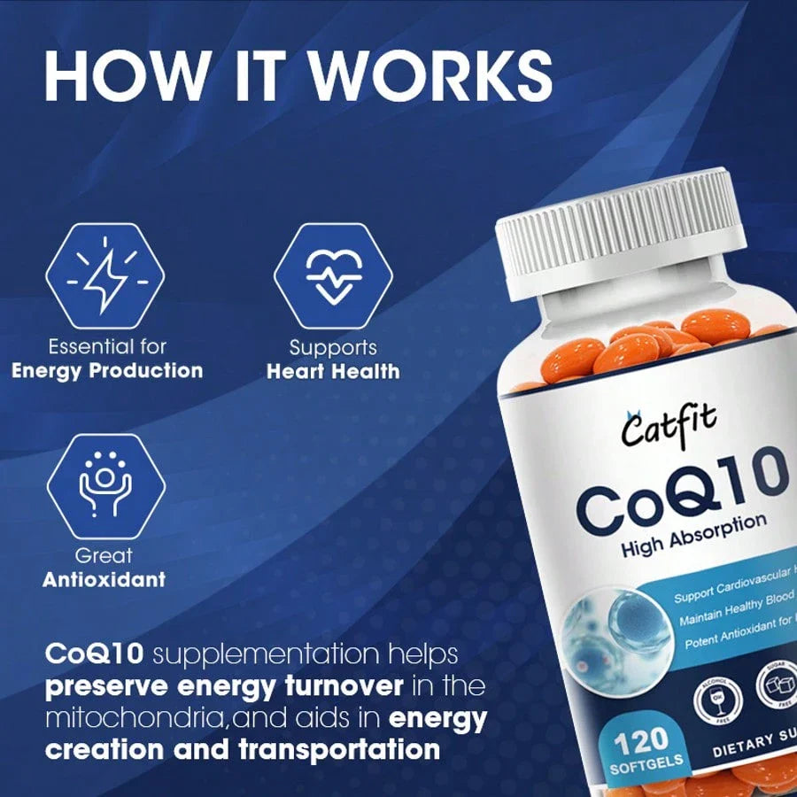 CATFIT CoQ-10 Capsules High Absorption | Coenzyme Q10 Support Heart Healthy Antioxidant - Vegetarian 120CT