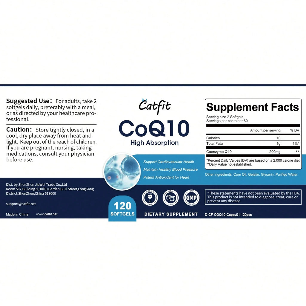 CATFIT CoQ-10 Capsules High Absorption | Coenzyme Q10 Support Heart Healthy Antioxidant - Vegetarian 120CT