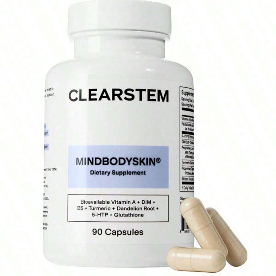 CLEARSTEM - MINDBODYSKIN Hormonal Acne Supplement (5-HTP) - Natural DIM Supplement - Skin Care Vitamins - Hormone Balance, Antioxidants - Gluten Free, Cruelty Free - 30 Servings, 90 Capsules