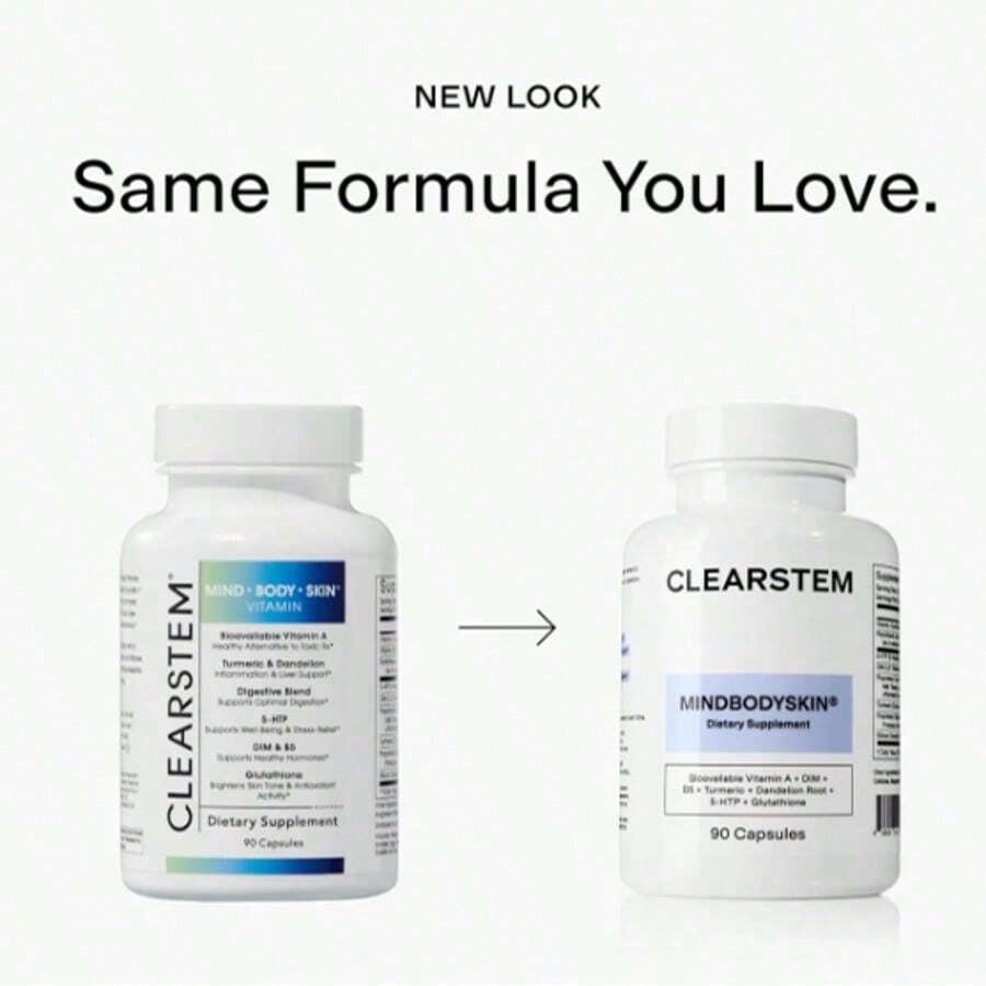 CLEARSTEM - MINDBODYSKIN Hormonal Acne Supplement (5-HTP) - Natural DIM Supplement - Skin Care Vitamins - Hormone Balance, Antioxidants - Gluten Free, Cruelty Free - 30 Servings, 90 Capsules
