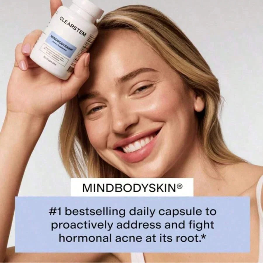 CLEARSTEM - MINDBODYSKIN Hormonal Acne Supplement (5-HTP) - Natural DIM Supplement - Skin Care Vitamins - Hormone Balance, Antioxidants - Gluten Free, Cruelty Free - 30 Servings, 90 Capsules