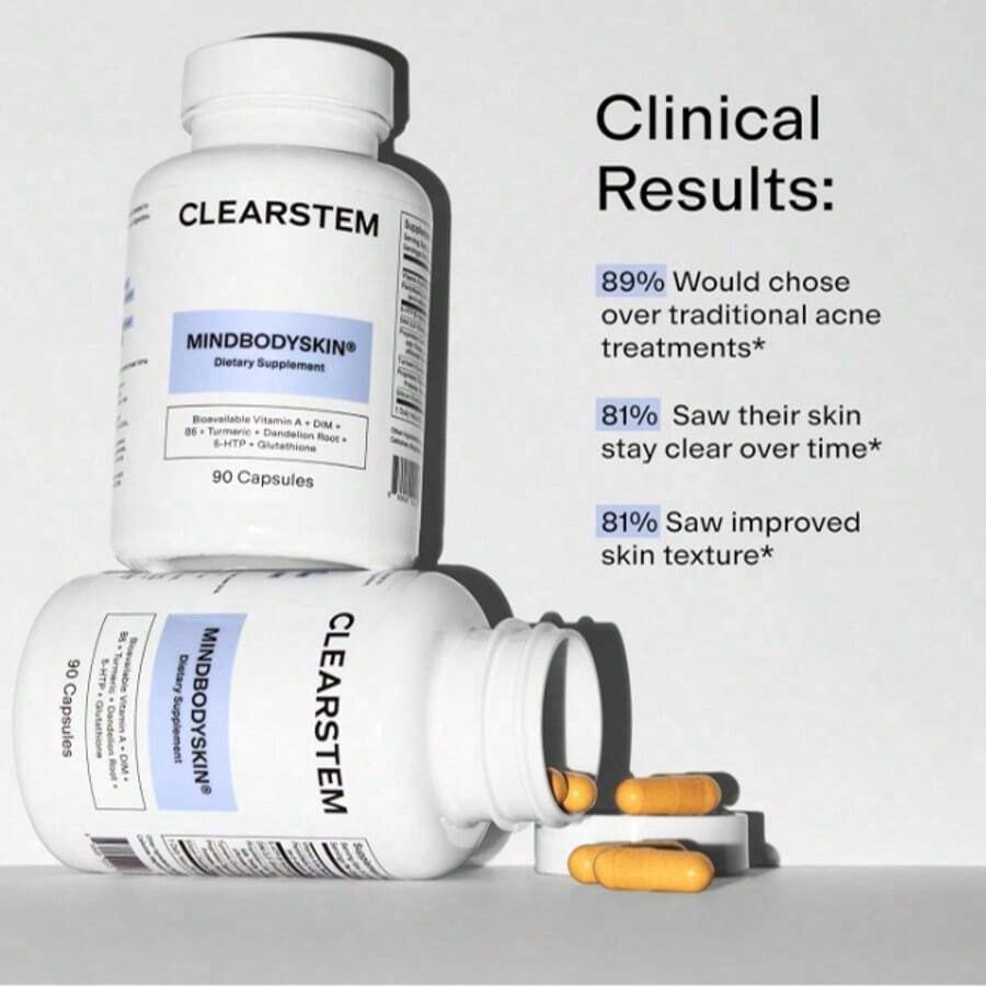 CLEARSTEM - MINDBODYSKIN Hormonal Acne Supplement (5-HTP) - Natural DIM Supplement - Skin Care Vitamins - Hormone Balance, Antioxidants - Gluten Free, Cruelty Free - 30 Servings, 90 Capsules