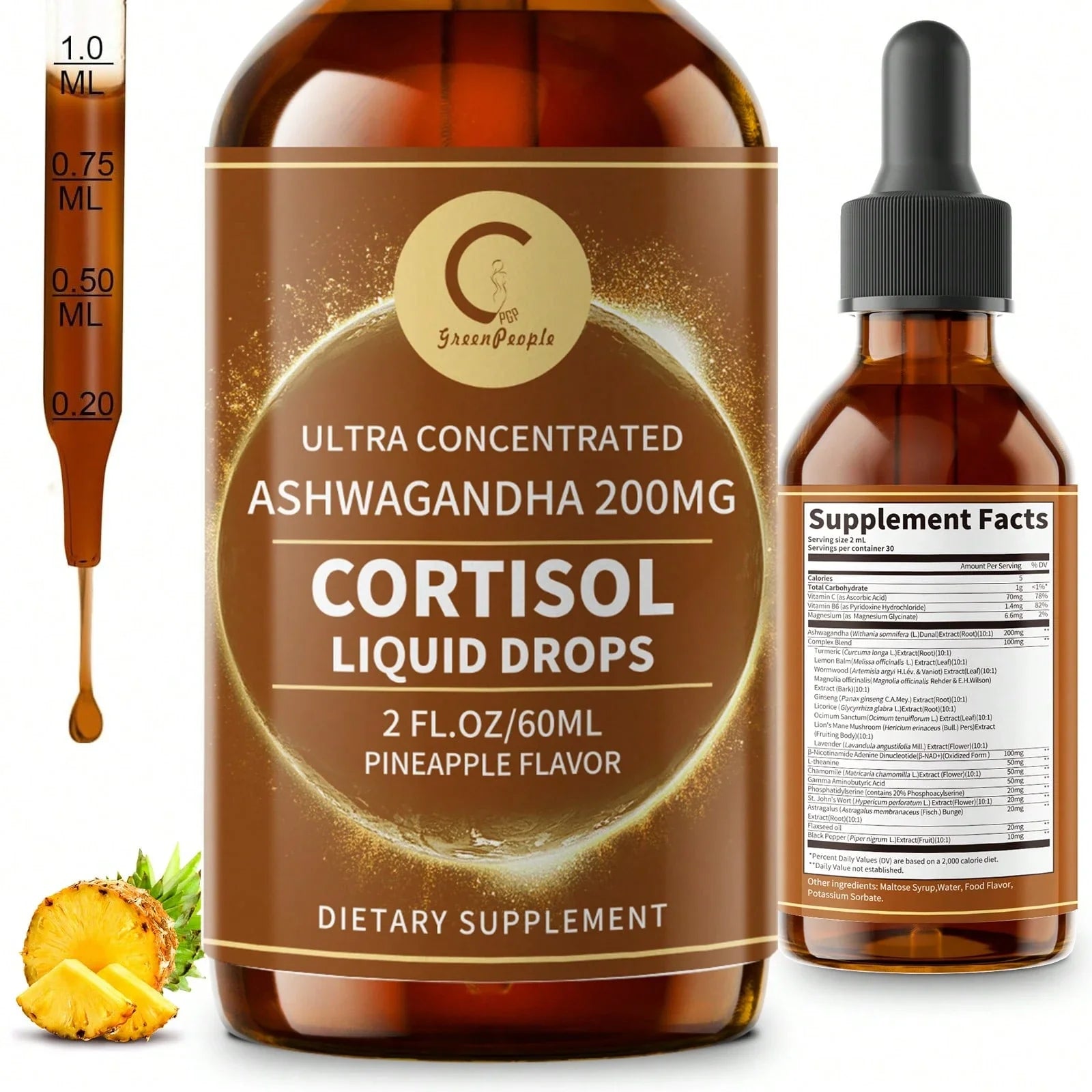 GPGP GREENPEOPLE Quick Ship Items - Cortisol Supplements W/ KSM-66® Ashwagandha, Kava, Lemon Balm, Chamomile, Saffron, L-Theanine & Vitamins - Cortisol Reducer Liquid Drops For Women Men, Hormone Harmony Drink, 2 FL.OZ, Blueberry & Pineapple Flavors