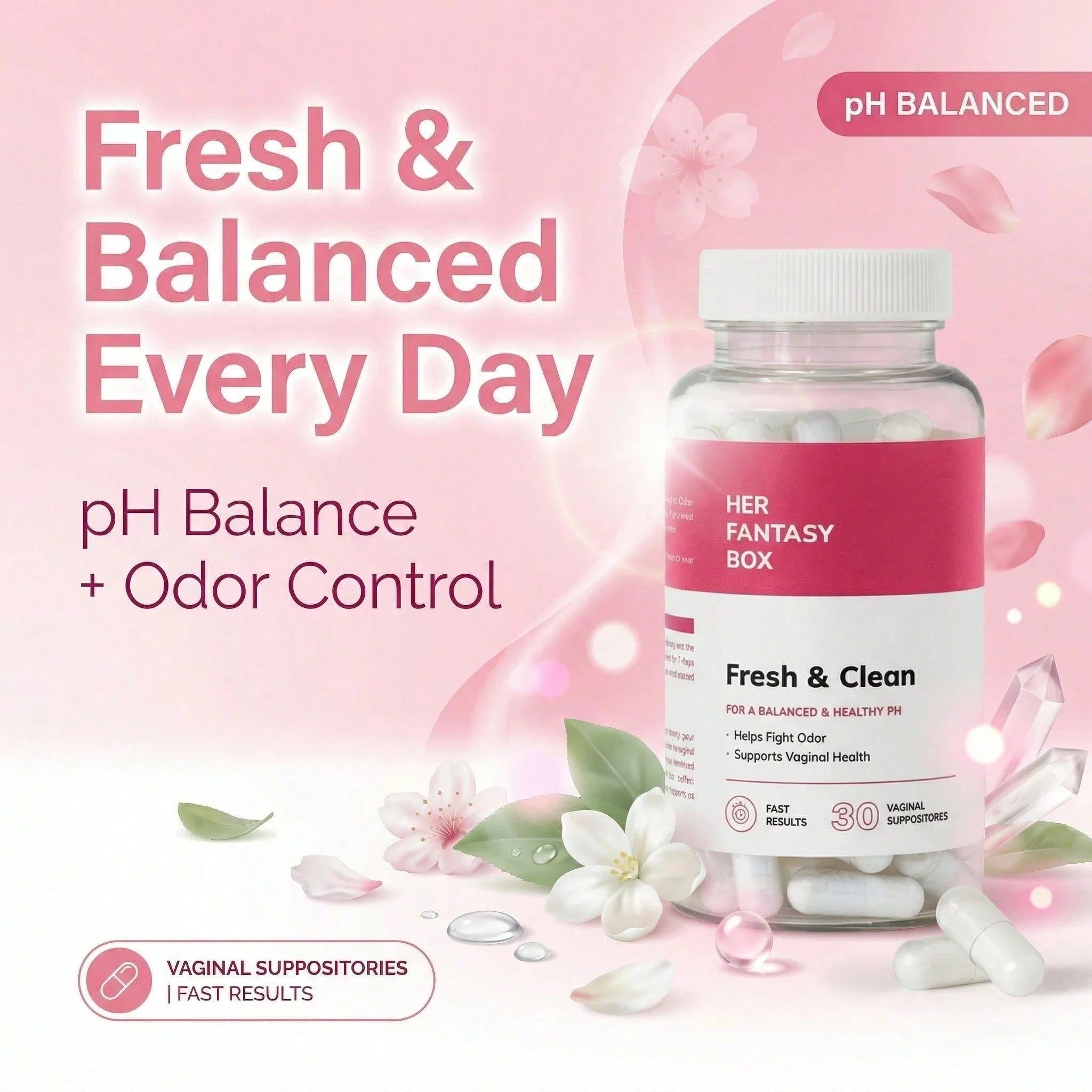 Her Fan-Tasy Box Gentle Boric Acid Suppositories - 30 Count PH Balance For Sensitive Skin