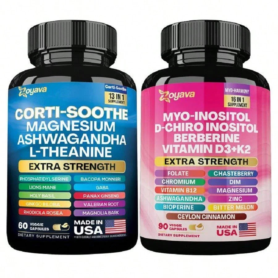 Zoyava Soothe-Smooth Bundle,Soothe & Smooth Bundle Multivitamin Combo, Cortisol Support Myo-Inositol Multivitamin Combo With Magnesium Glycinate, Ashwagandha,