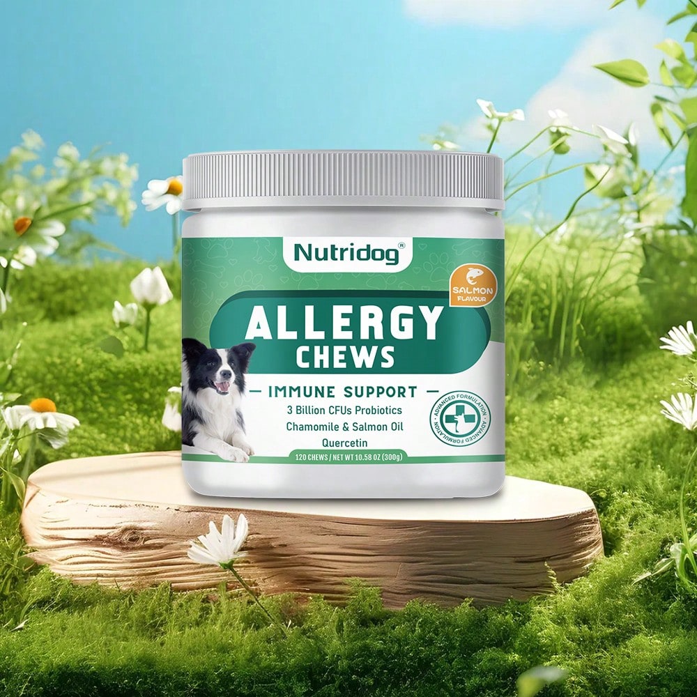 Allergy Chews For Dogs - Dog Itching Skin Relief & Seasonal Allergy Support With Chamomile, Salmon Oil, Quercetin - Probiotic Dog Allergy Relief Treats, Salmon Flavor, 120ct