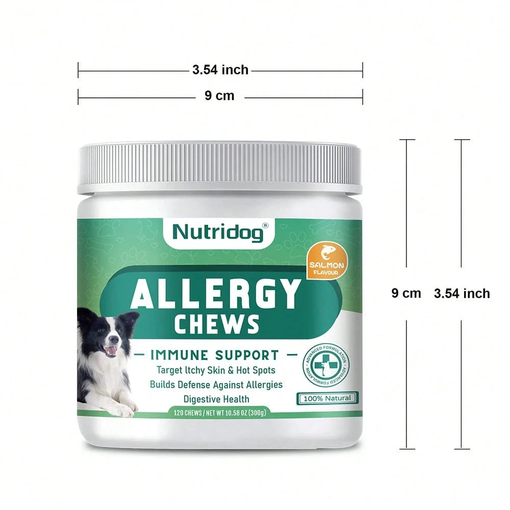 Allergy Chews For Dogs - Dog Itching Skin Relief & Seasonal Allergy Support With Chamomile, Salmon Oil, Quercetin - Probiotic Dog Allergy Relief Treats, Salmon Flavor, 120ct