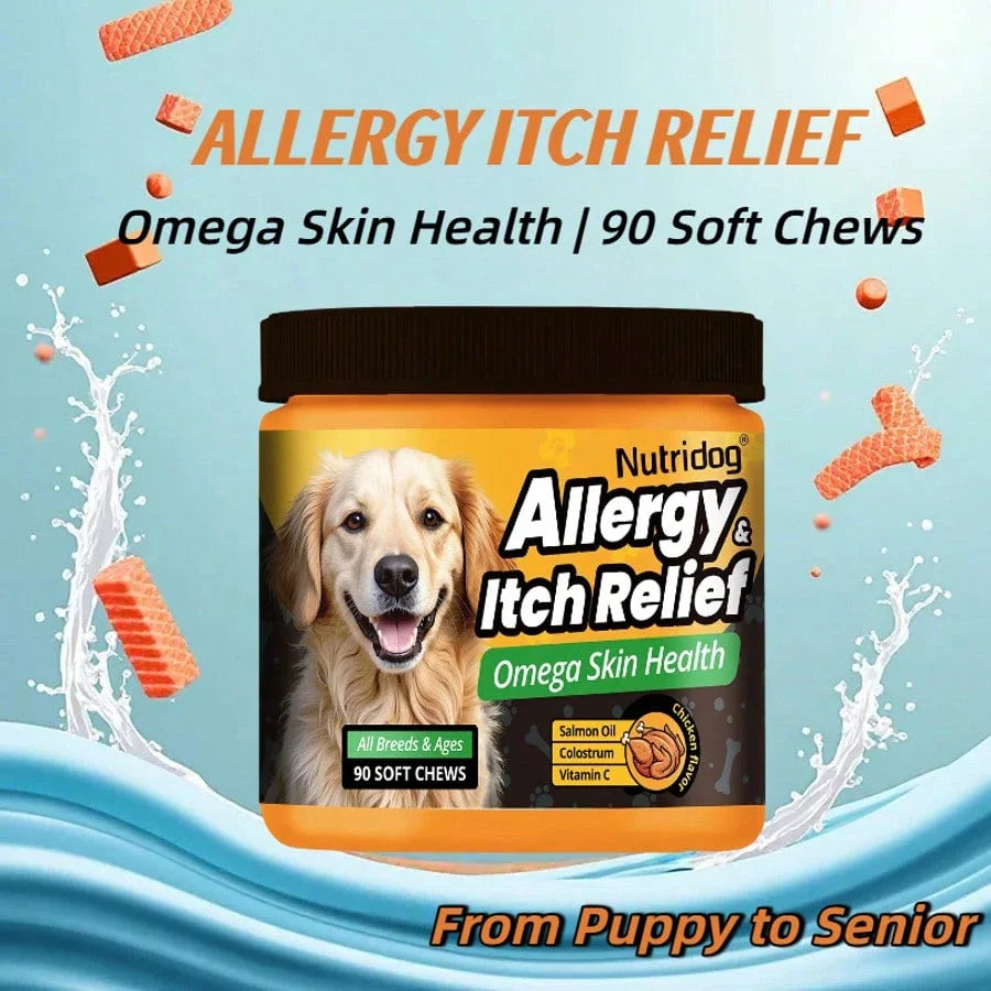Dog Anti-Allergy & Itching Supplement Food - Omega-3 & Colostrum Strong Barrier , VC + Zinc Anti-Itch Repair, 90 Soft Chews For Dogs Of All Stages