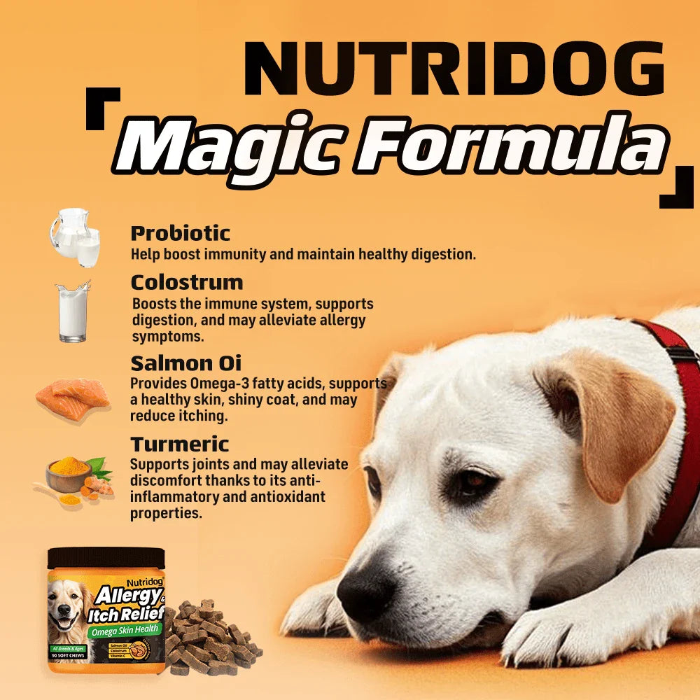 Dog Anti-Allergy & Itching Supplement Food - Omega-3 & Colostrum Strong Barrier , VC + Zinc Anti-Itch Repair, 90 Soft Chews For Dogs Of All Stages