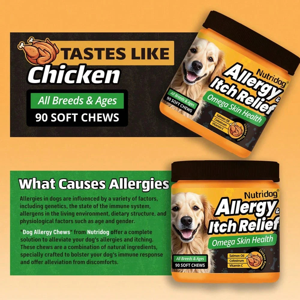 Dog Anti-Allergy & Itching Supplement Food - Omega-3 & Colostrum Strong Barrier , VC + Zinc Anti-Itch Repair, 90 Soft Chews For Dogs Of All Stages