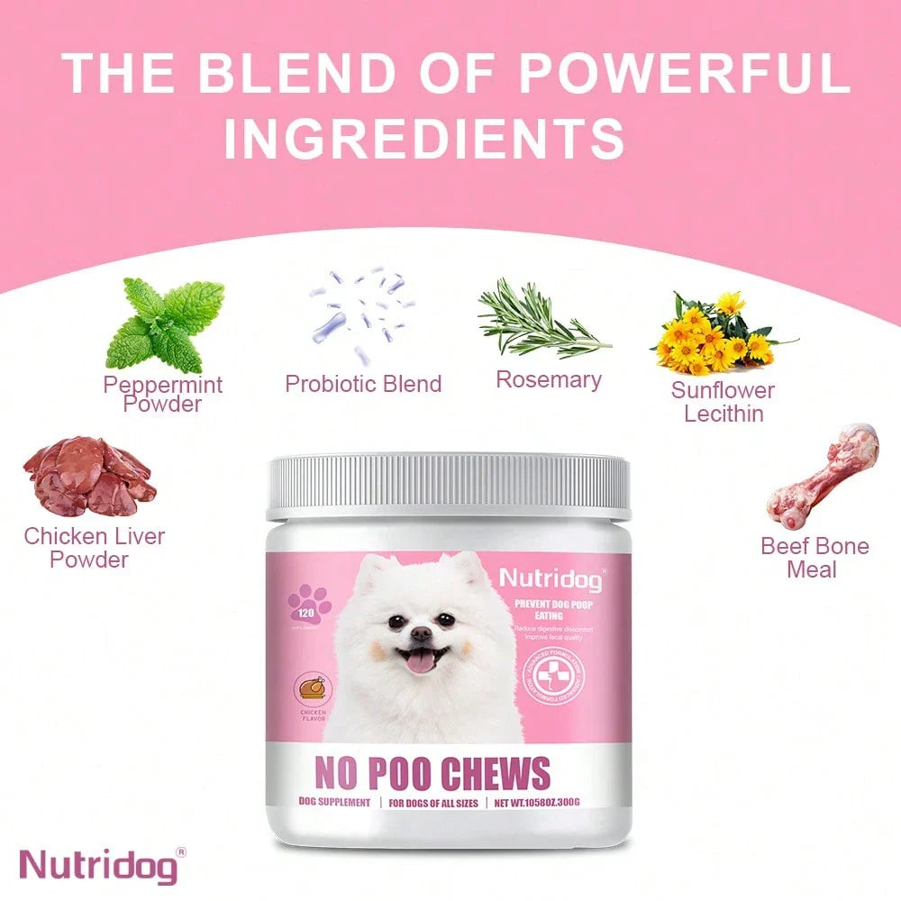 No Poo Chews For Dogs - 120 Ct Chicken Flavor - Coprophagia & Stool Eating Deterrent With Probiotics, Digestive Enzymes & Breath Aid - Stop Dog Poop Eating - Gut Health (Chicken)