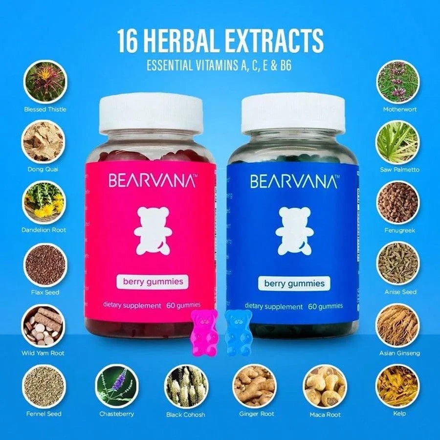 BEARVANA Gummies Combo Pack, Pink & Blue - Fuller Feminine Contours, Radiant Skin, Healthy Hair & Nails, Workout Aid For Curves Building - Berry Flavored Vegan Vitamin Supplement For Women - 120 Count, Health, Gummies,