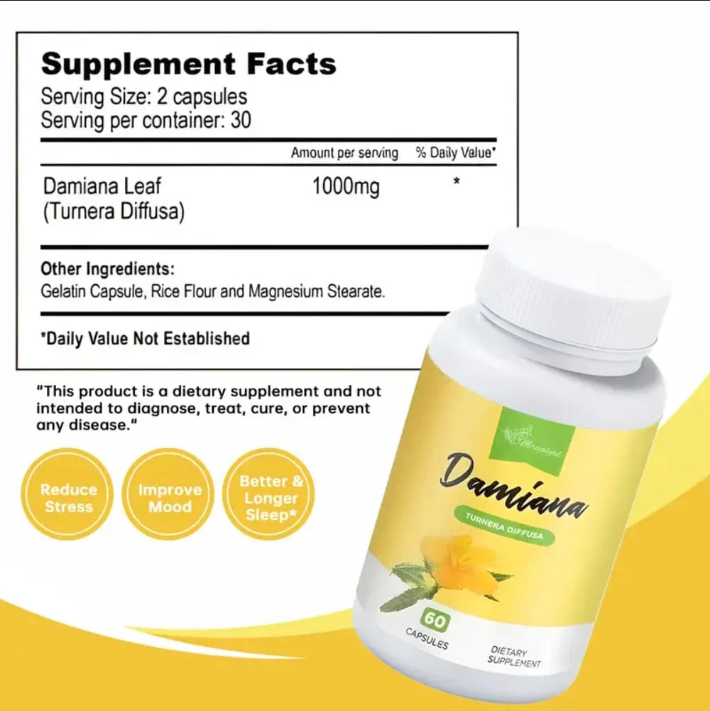 Damiana, Containing Damiana Leaves, Gelatin Capsules, Rice Flour And Magnesium Stearate, A Dietary Supplement For Maintaining Energy Balance And Having A Good Sleep, 60 Capsules | Vitamins And Supplement