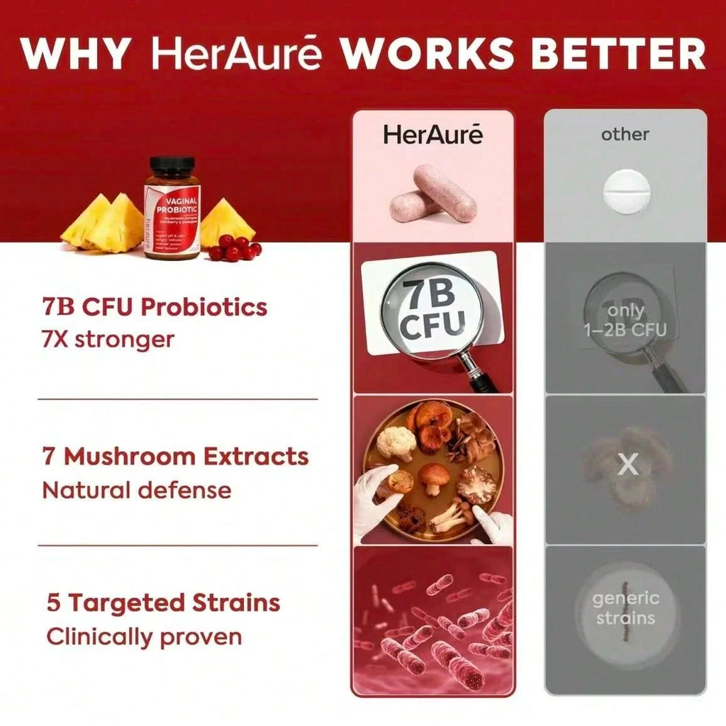 HerAure Women's Probiotics - PH Balance, Odor Control, Flora Health,Moistening, Tightening - With 7 Billion CFU Probiotic, Prebiotic, 7-In-1 Mushroom Blend,Cranberry, Pineapple,60 Capsules