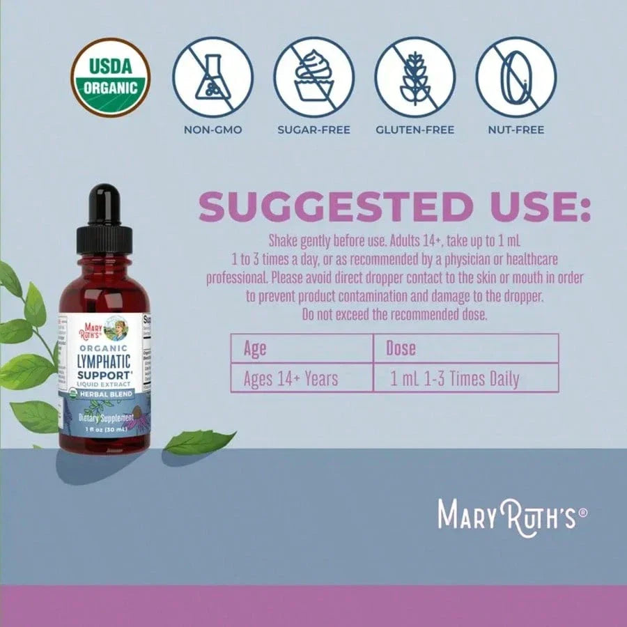 MaryRuths Lymphatic Support Herbal Blend Liquid Drops - USDA Organic - Echinacea & Elderberry - Blue Vervain - Vegan - 30 Servings For Women, For Men, Dietary Supplement