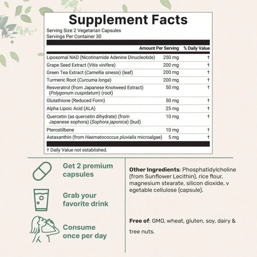 Micro Ingredient Liposomal NAD+ Ultimate 1,000mg, 60 Veggie Capsules  For Women, For Men, Daily Heath Care
