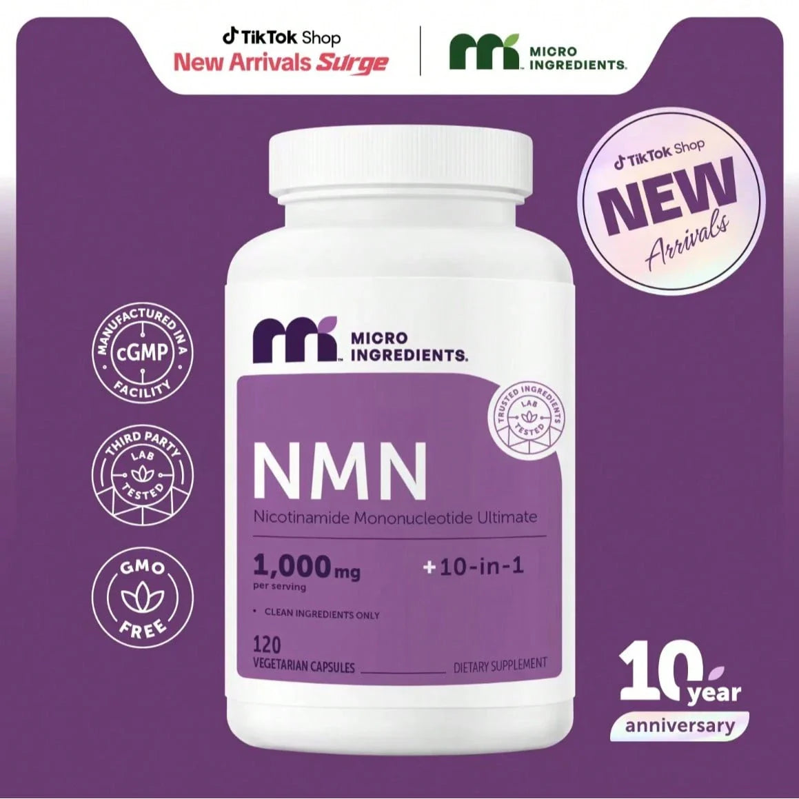 Micro NMN Complex 1,000mg Per Serving,10-1 Complex, Zero Filler Pure NMN 500mg With Vitamin C,Resveratrol,CoQ10.TMG,Quercetin,& Glutathione | NAD+Supplement Precursor