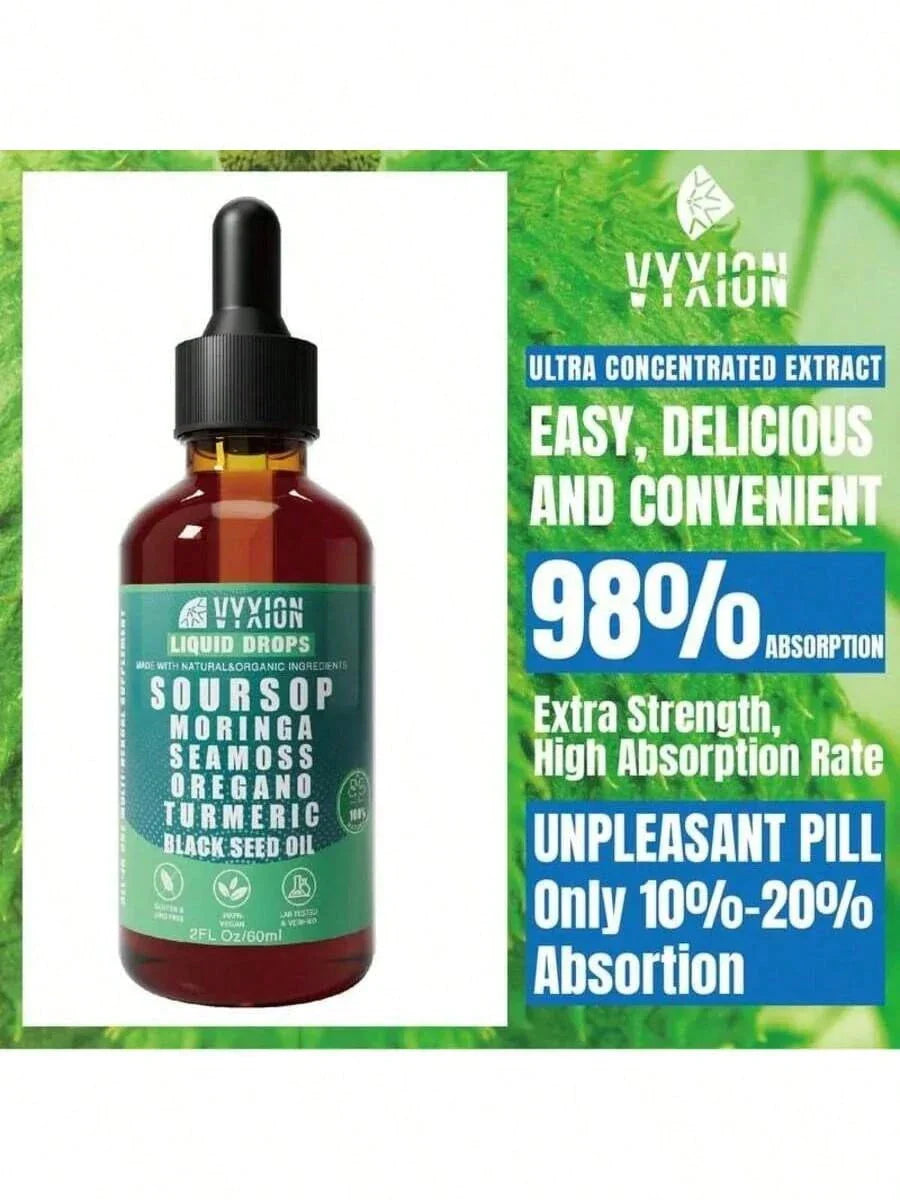 VYXION Pure Soursop 10 In 1 Liquid Drops Extract - Seamoss,Moringa,Black Seed Oil,Turmeric,Oregano Liquid Drops - Healthcare,Fitness,Natural Wellness Blend