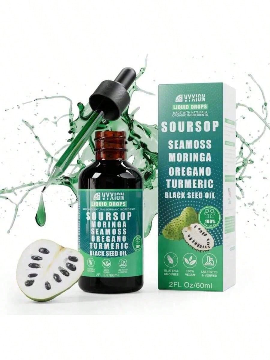 VYXION Pure Soursop 10 In 1 Liquid Drops Extract - Seamoss,Moringa,Black Seed Oil,Turmeric,Oregano Liquid Drops - Healthcare,Fitness,Natural Wellness Blend