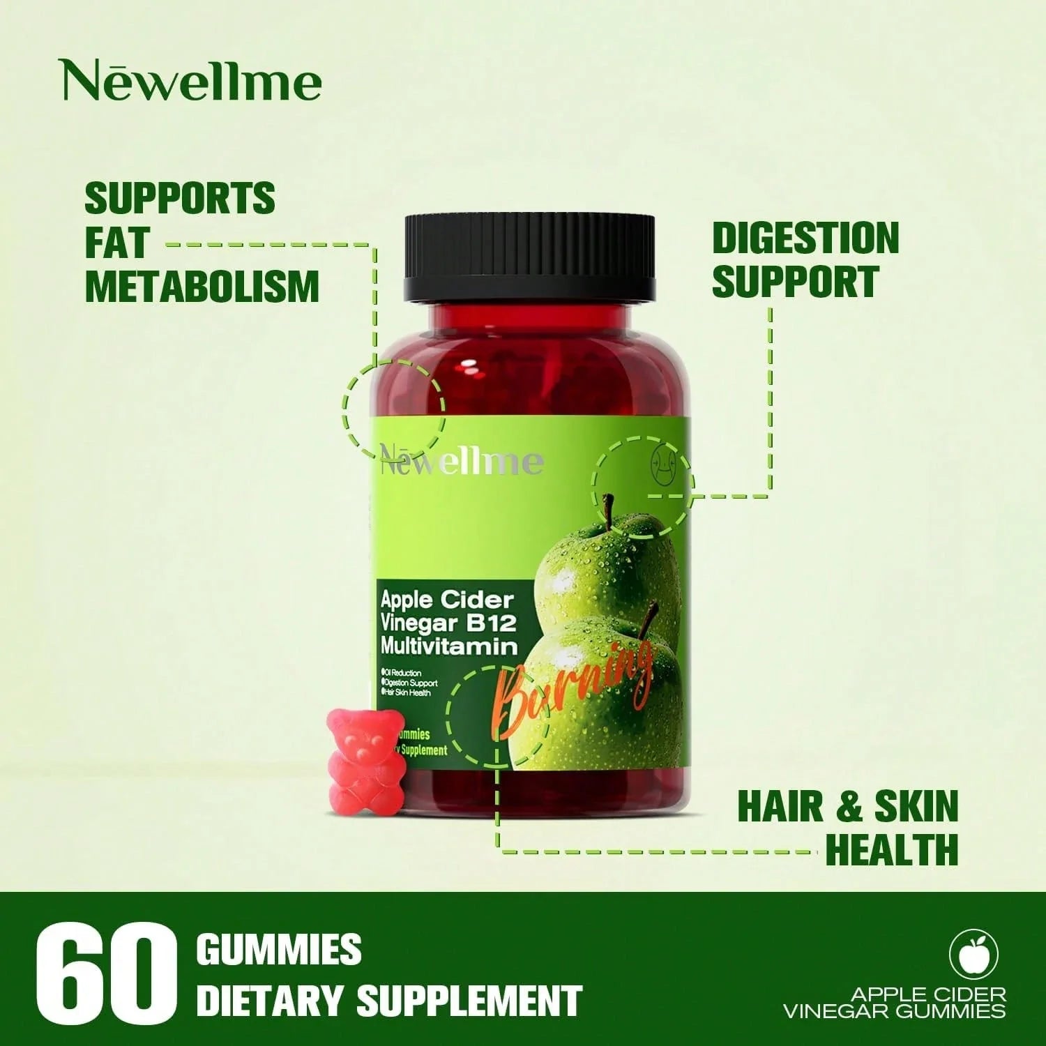 Apple Cider Vinegar Gummies Formulated To Support Normal Energy Levels & Gut Health - Supports Digestion, Detox & Cleansing - ACV Gummies W/VIT B12 Dietary Edible Fitness, Probióticos Originales, Weight Loss Products, Gummies For Women