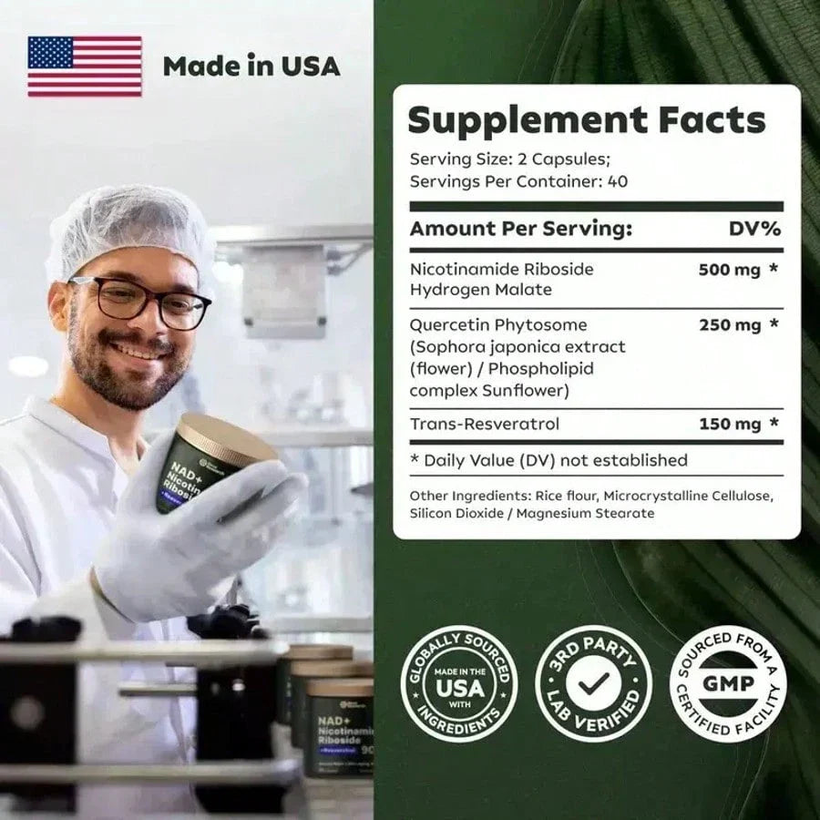 Reus Research NAD Nicotinamide Riboside Resveratrol, Liposomal NAD Supplements For Women & Men, NMN Supplement Alternative, NAD Supplement - 80 Capsules,For Skin Aging Support, Energy, And Focus, Vitamin & Wellness Supplements Dietary Healthcare Edible