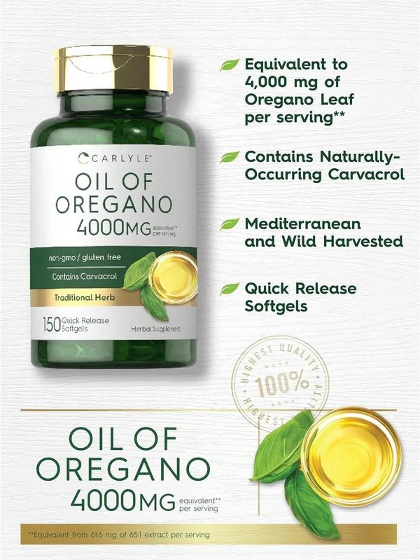 Carlyle Oregano Oil 4000mg Supplement | 150 Softgel Capsules | Contains Carvacrol | Non-GMO & Gluten Free Formula  Healthy Care