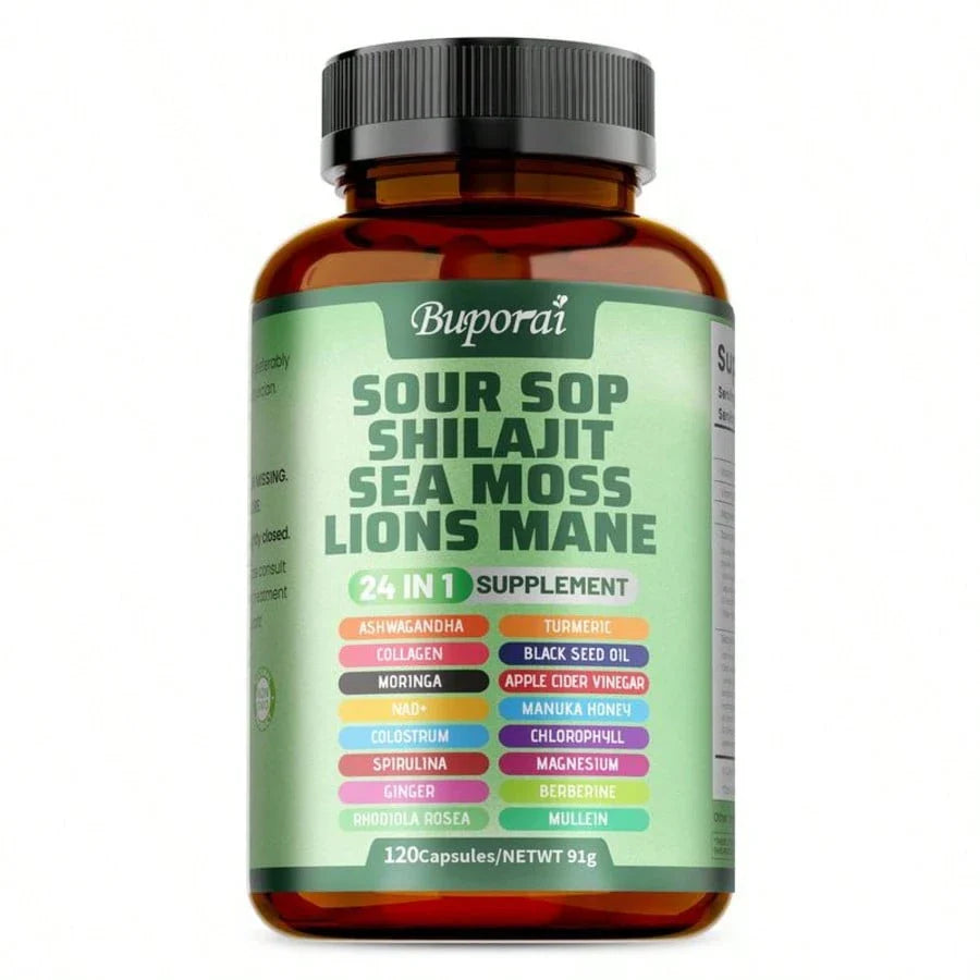 Multi Bottles - Soursop Dietary Supplement, Rich In Antioxidants, 120 Capsules Per Bottle, With Added Shiitake Mushroom, Seaweed, And Lion's Mane Mushroom, 24 In 1, Supports Skin, Joint, And Bone Health, For Women, For Men