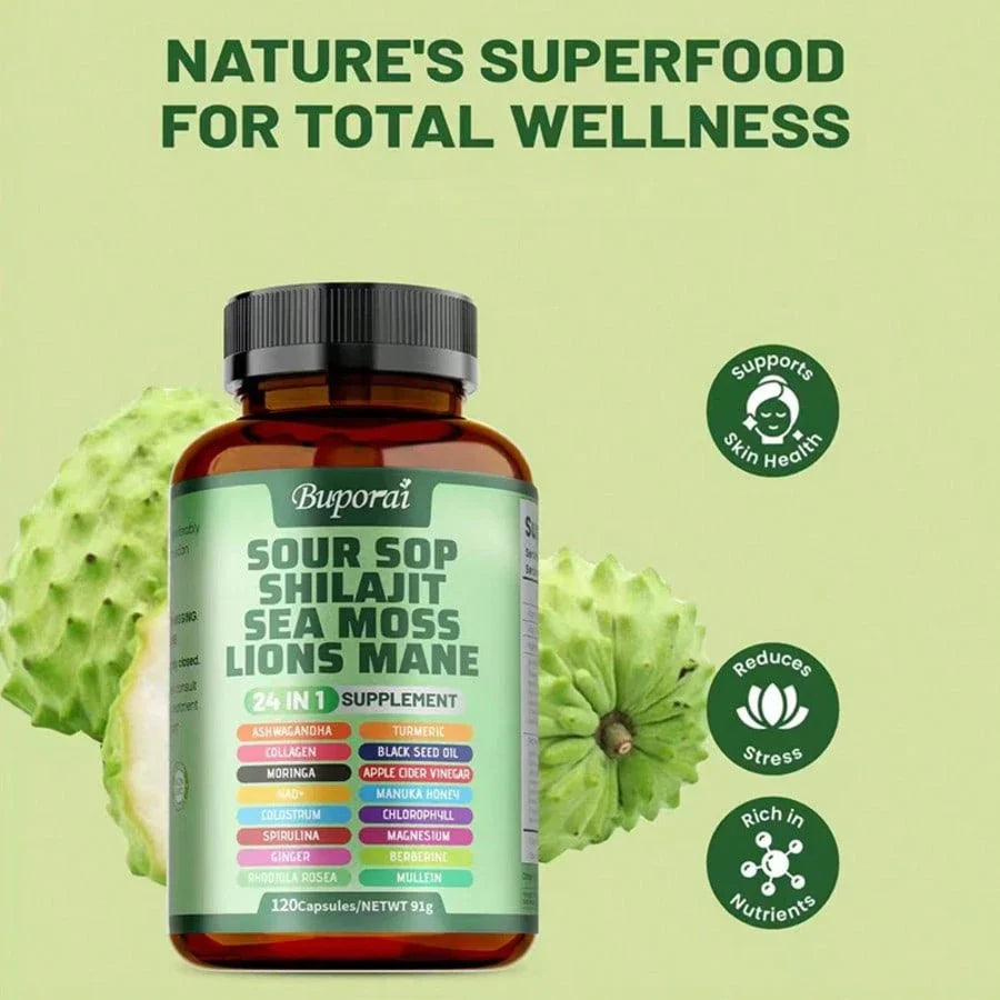 Multi Bottles - Soursop Dietary Supplement, Rich In Antioxidants, 120 Capsules Per Bottle, With Added Shiitake Mushroom, Seaweed, And Lion's Mane Mushroom, 24 In 1, Supports Skin, Joint, And Bone Health, For Women, For Men