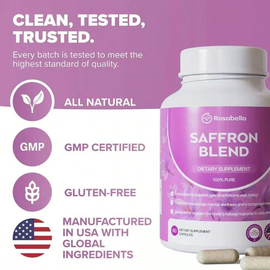 Rosabella Saffron Supplement [88mg] For Mental Clarity, Digestion, Positive Mood & Blue Light Eye Health - Vegan For Women