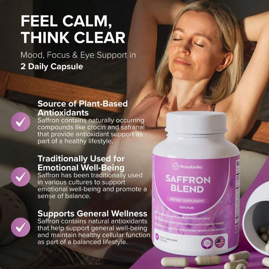 Rosabella Saffron Supplement [88mg] For Mental Clarity, Digestion, Positive Mood & Blue Light Eye Health - Vegan For Women