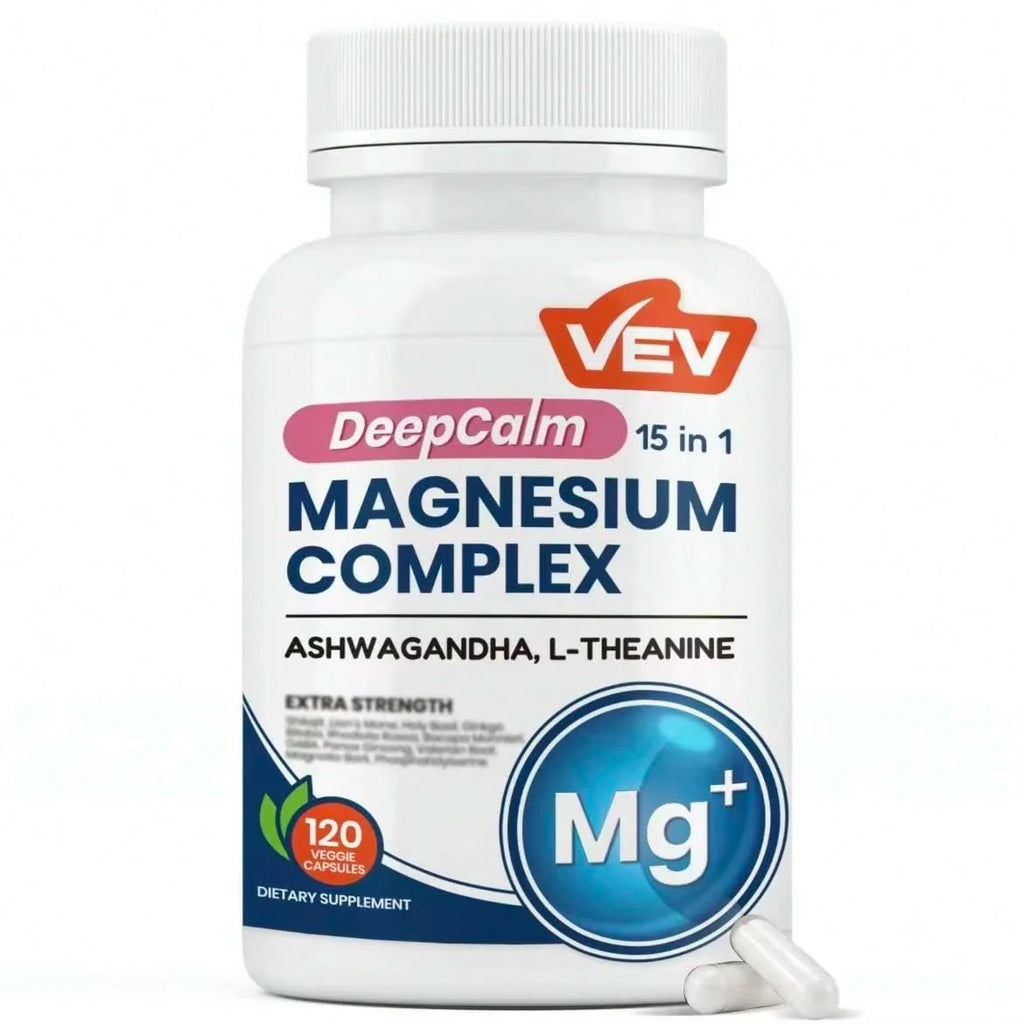 VEV Natural Edible Magnesium Supplement,15-In-1 With Magnesium Glvcinate , Ashwagandha ,L - Theanine ,Healthcare Dietary (120 Capsules) Vitamin Fitness