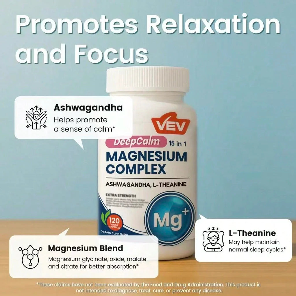 VEV Natural Edible Magnesium Supplement,15-In-1 With Magnesium Glvcinate , Ashwagandha ,L - Theanine ,Healthcare Dietary (120 Capsules) Vitamin Fitness