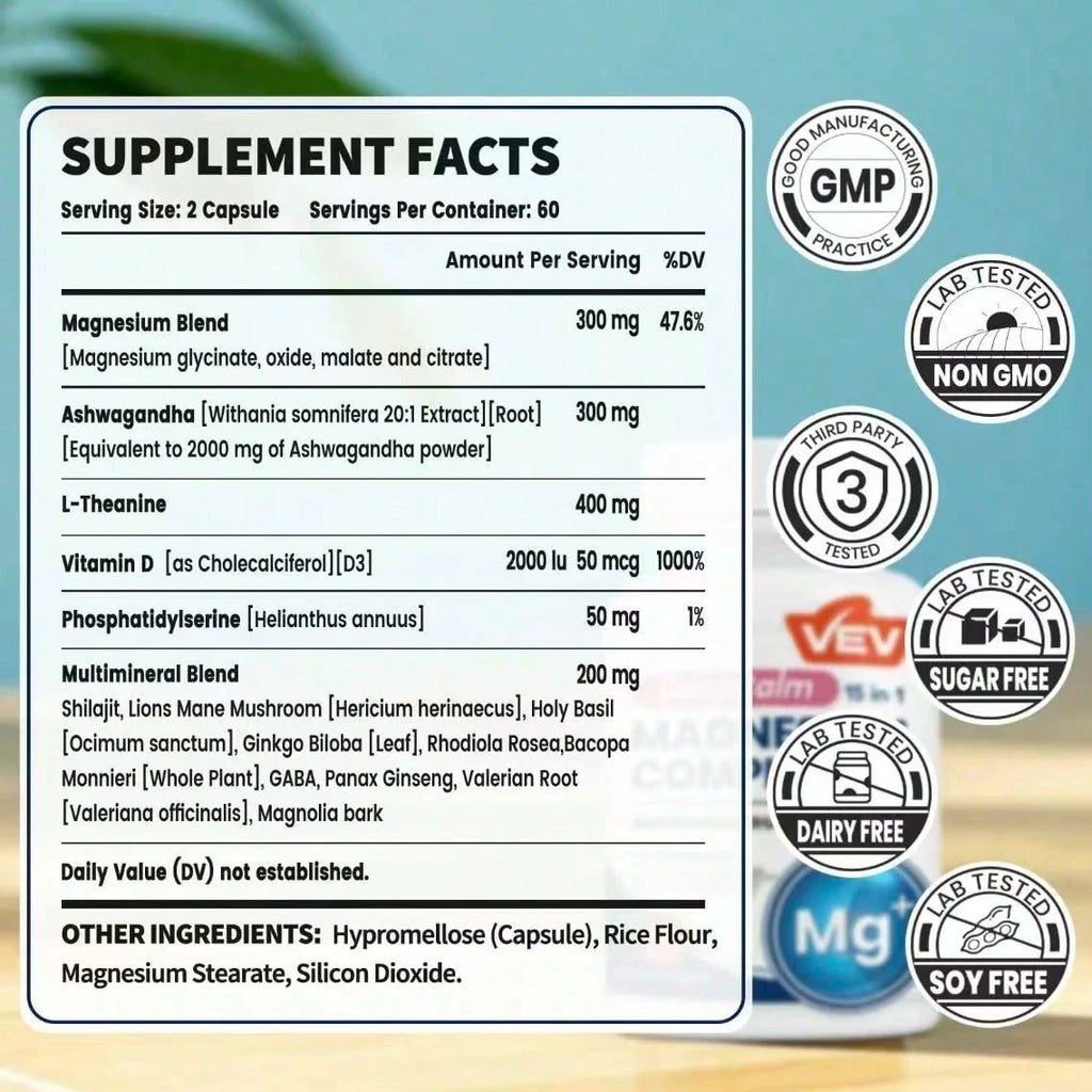 VEV Natural Edible Magnesium Supplement,15-In-1 With Magnesium Glvcinate , Ashwagandha ,L - Theanine ,Healthcare Dietary (120 Capsules) Vitamin Fitness