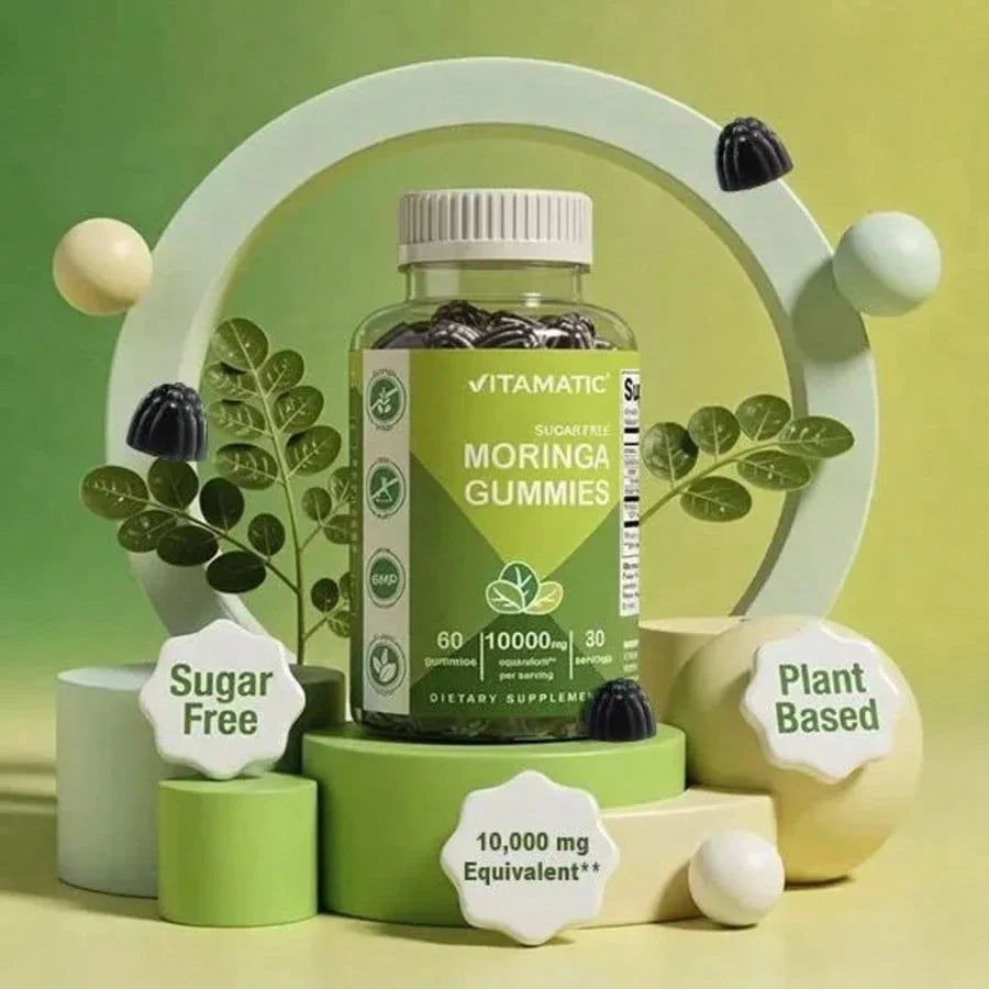 Vitamatic Sugar-Free Moringa Gummies - 10000 Mg Per Serving - 60 Pectin-Based Gummies - Essential Minerals Supplement - Clean Fitness - Multicolor Flavors - Non-GMO & Gluten-Free - Natural & Vegan, For Men, For Women