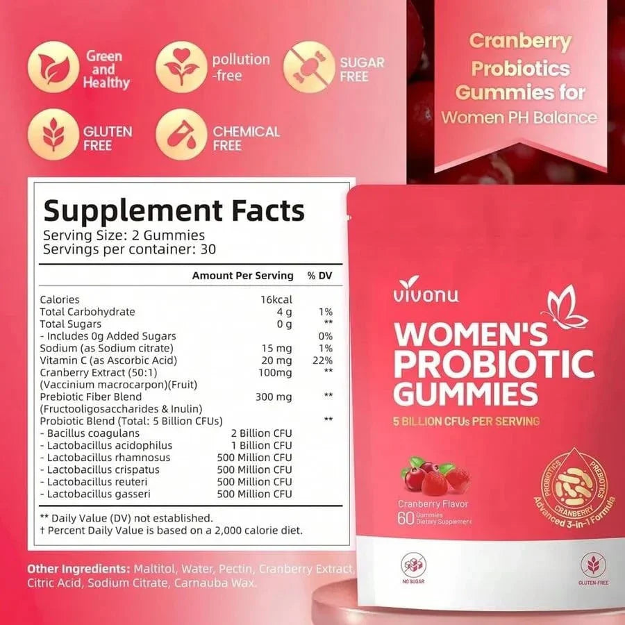 Viv0Nu Women's Probiotics, Women's Balanced PH Gum, Maintain Healthy Odor, Yeast Balance And Microbial Vitamin C, Enhance Immunity - Cranberry Probiotics