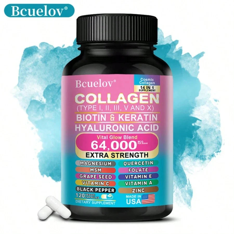 Collagen Supplement Types I/ III/ V & X - With Biotin & Keratin Hyaluronic Acid - Supports Skin, Nails & Hair - 120 Capsules