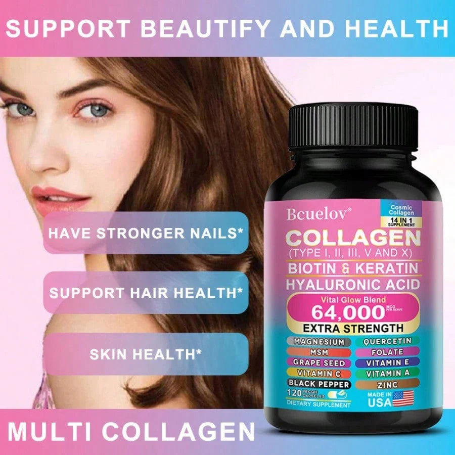 Collagen Supplement Types I/ III/ V & X - With Biotin & Keratin Hyaluronic Acid - Supports Skin, Nails & Hair - 120 Capsules
