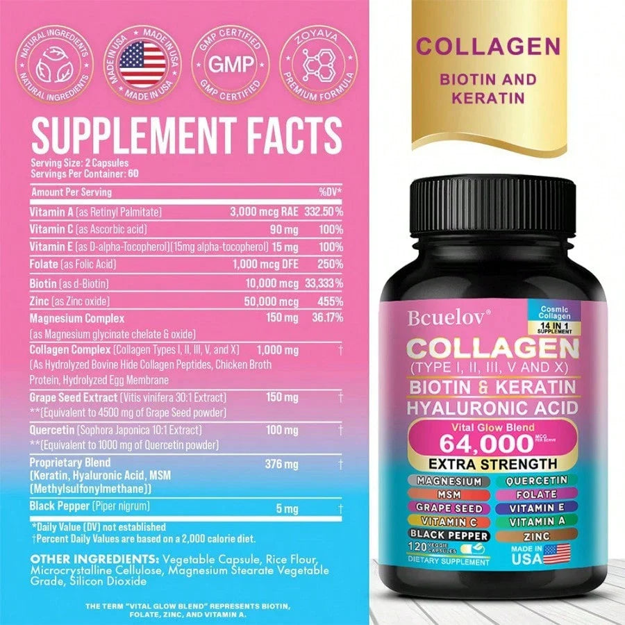Collagen Supplement Types I/ III/ V & X - With Biotin & Keratin Hyaluronic Acid - Supports Skin, Nails & Hair - 120 Capsules