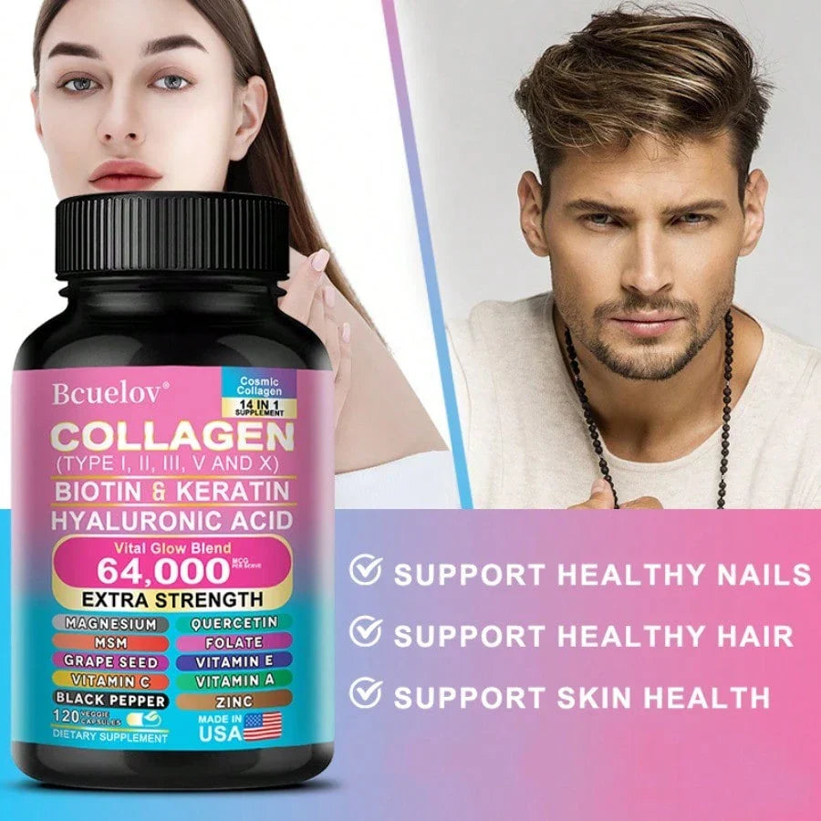 Collagen Supplement Types I/ III/ V & X - With Biotin & Keratin Hyaluronic Acid - Supports Skin, Nails & Hair - 120 Capsules