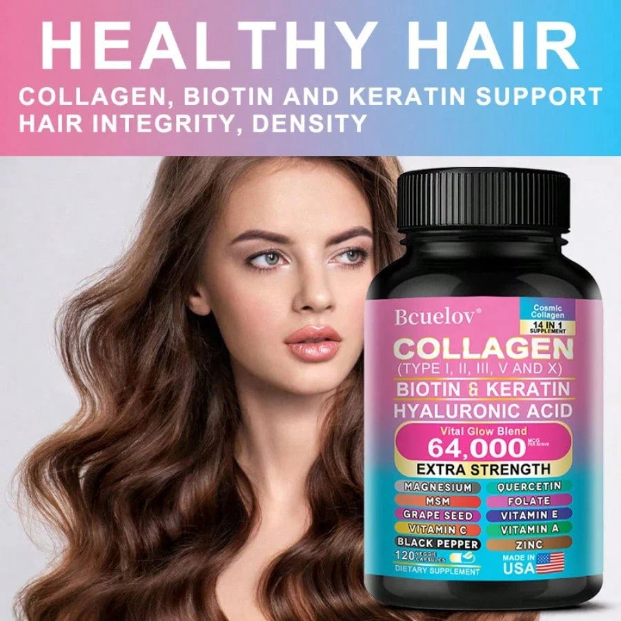 Collagen Supplement Types I/ III/ V & X - With Biotin & Keratin Hyaluronic Acid - Supports Skin, Nails & Hair - 120 Capsules