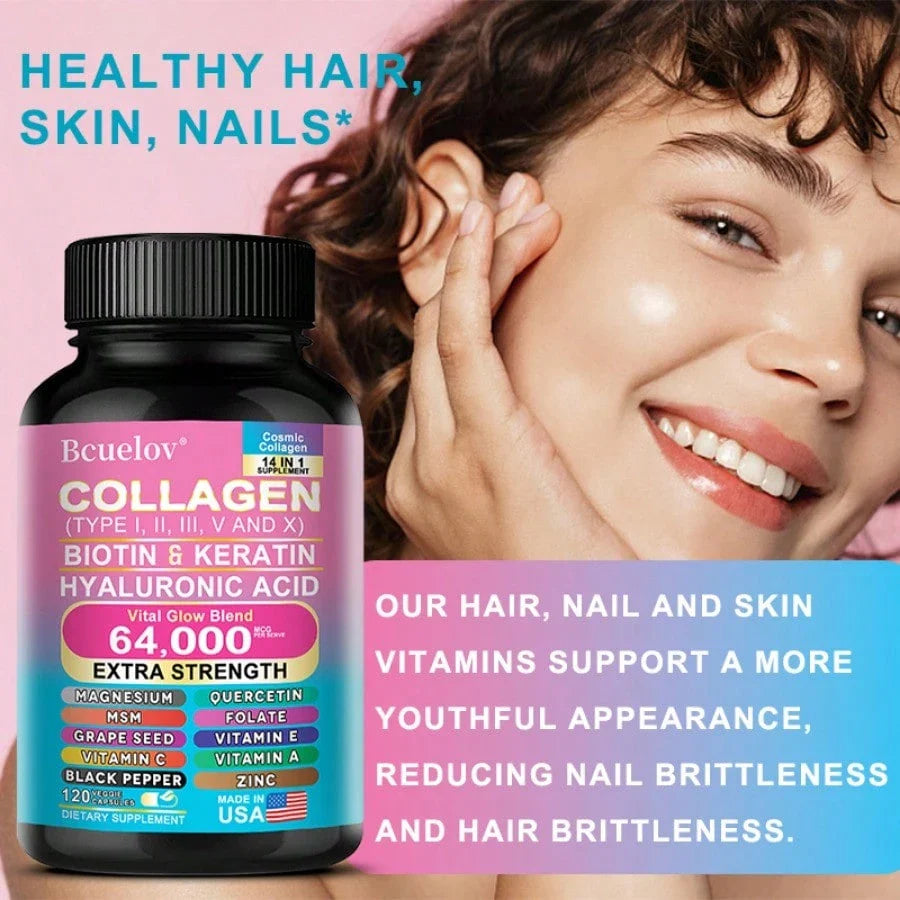 Collagen Supplement Types I/ III/ V & X - With Biotin & Keratin Hyaluronic Acid - Supports Skin, Nails & Hair - 120 Capsules