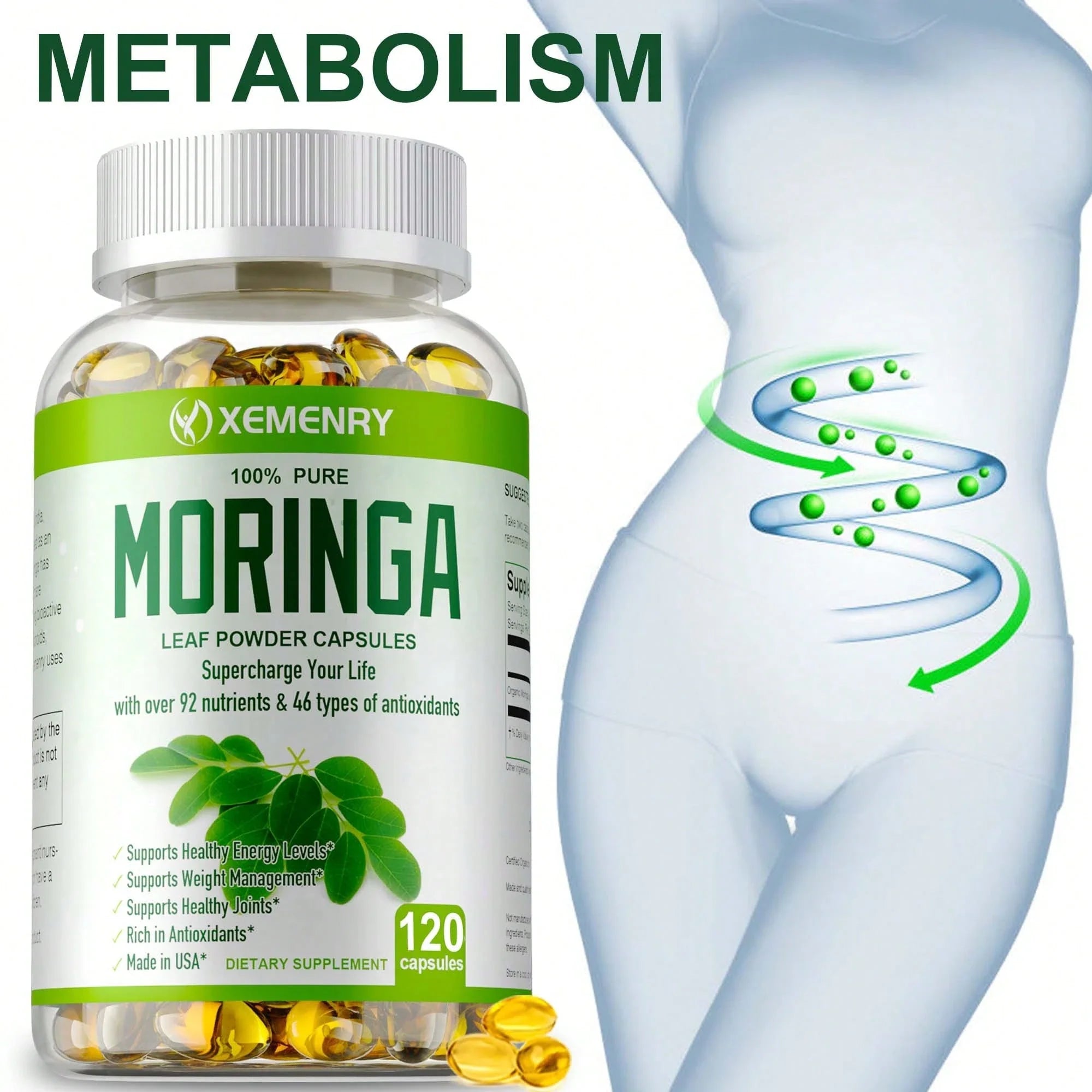 Moringa Capsules 1000mg -Weight Loss, Green Superfood, Metabolism Health Support - 120pcs