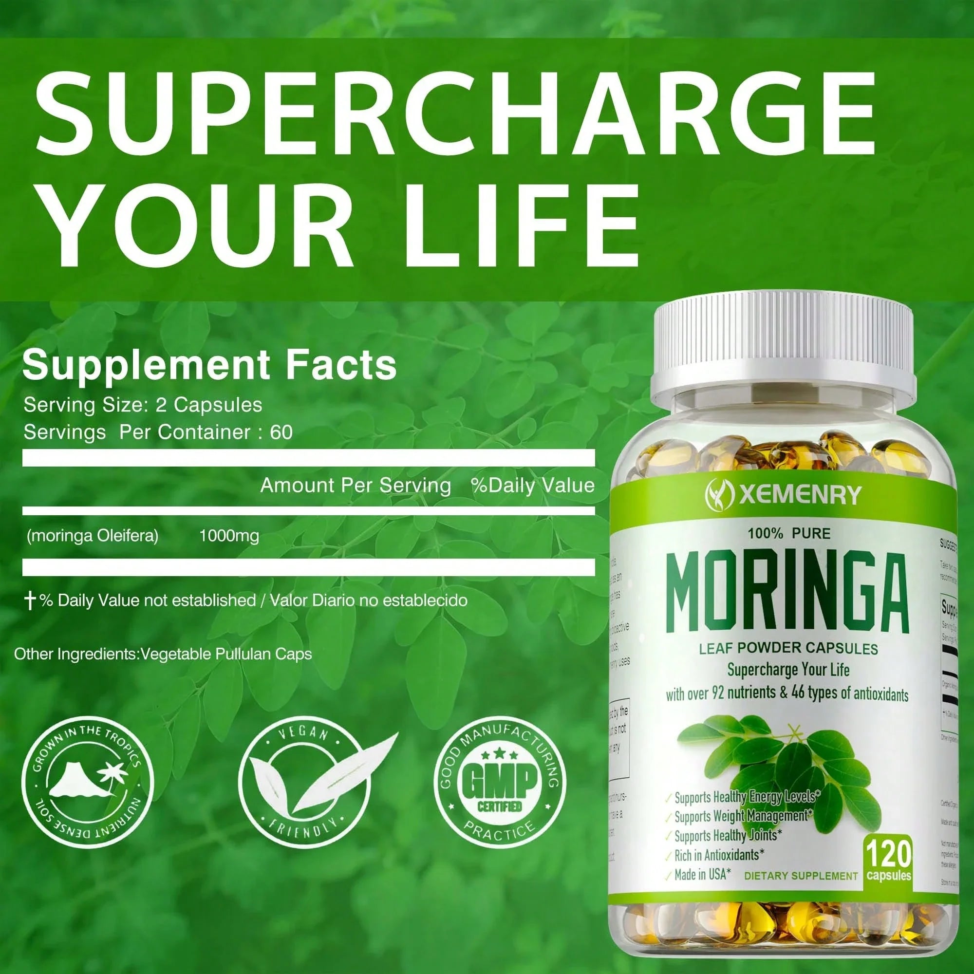 Moringa Capsules 1000mg -Weight Loss, Green Superfood, Metabolism Health Support - 120pcs