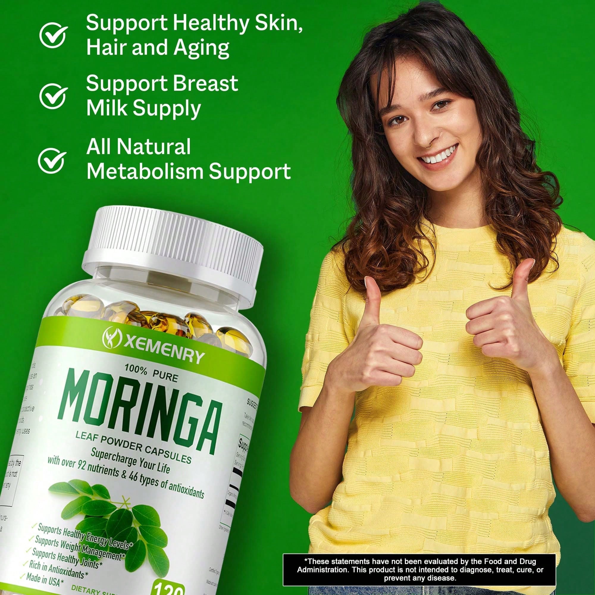 Moringa Capsules 1000mg -Weight Loss, Green Superfood, Metabolism Health Support - 120pcs