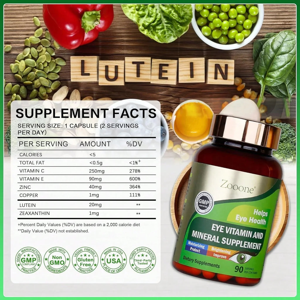 Zooone Lutein And Zeaxanthin Eye Vitamins, Eye Vitamin And Mineral Supplement With Vitamin C E Zinc Copper, Vision Support For Macular Degeneration, Eye Health Pills For Adults & Seniors, 90 Capsules Vitamins